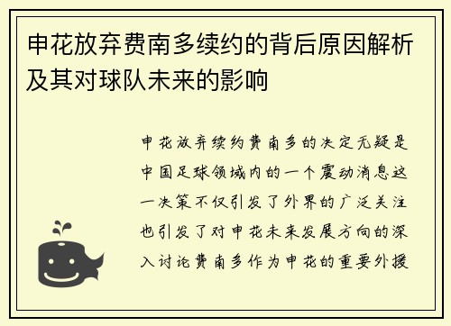 申花放弃费南多续约的背后原因解析及其对球队未来的影响