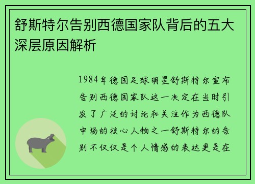 舒斯特尔告别西德国家队背后的五大深层原因解析