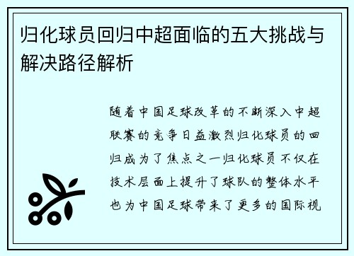 归化球员回归中超面临的五大挑战与解决路径解析