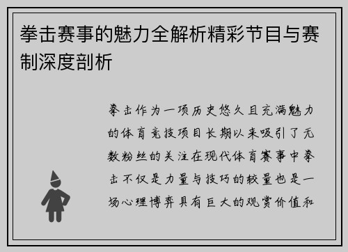 拳击赛事的魅力全解析精彩节目与赛制深度剖析
